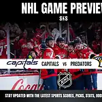 NHL game preview featuring the Capitals vs. Predators, with fans celebrating in a packed arena and team branding prominently displayed.