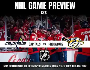 NHL game preview featuring the Capitals vs. Predators, with fans celebrating in a packed arena and team branding prominently displayed.