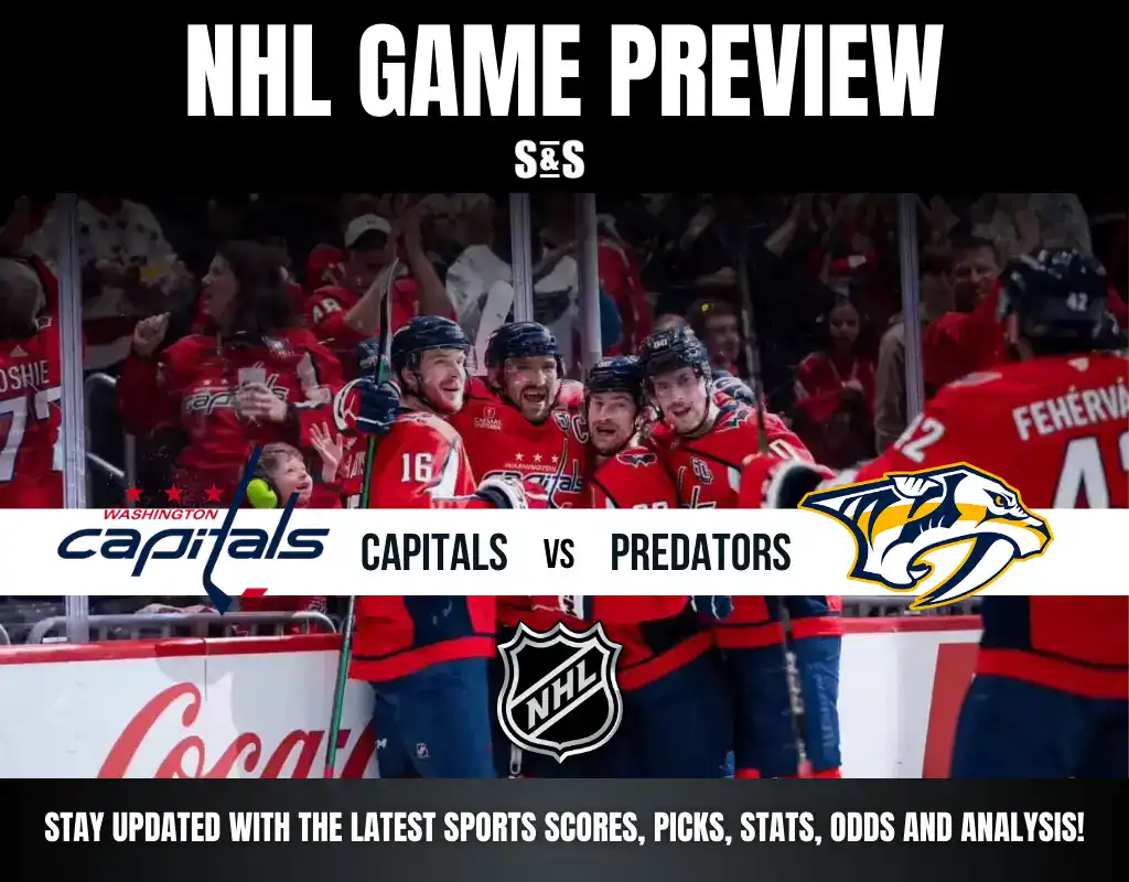 NHL game preview featuring the Capitals vs. Predators, with fans celebrating in a packed arena and team branding prominently displayed.