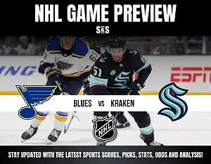 NHL Game Preview featuring the St. Louis Blues versus the Seattle Kraken, with a call to stay updated on sports scores, picks, stats, odds, and analysis.