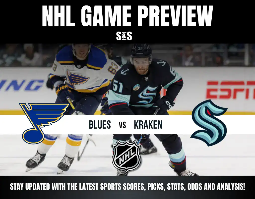 NHL Game Preview featuring the St. Louis Blues versus the Seattle Kraken, with a call to stay updated on sports scores, picks, stats, odds, and analysis.