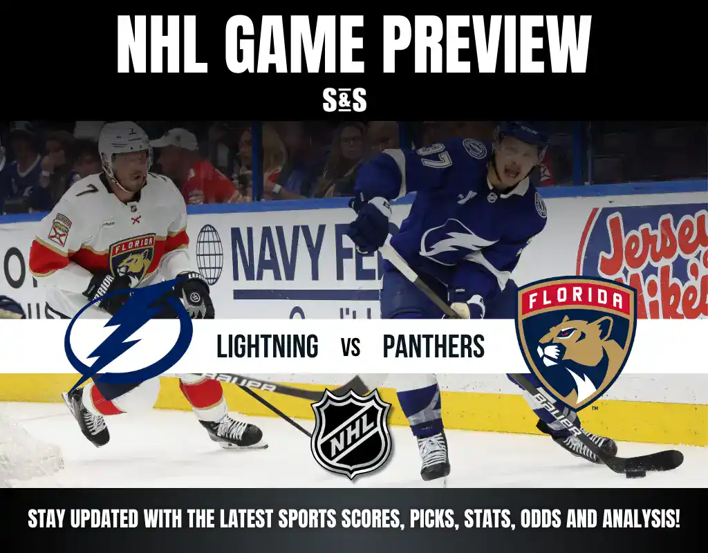 NHL game preview featuring the Tampa Bay Lightning versus the Florida Panthers, with players in action on the ice.