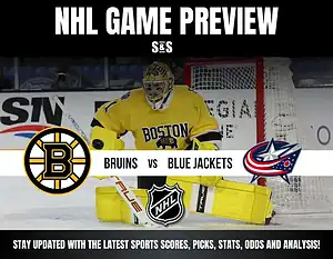 NHL game preview featuring the Boston Bruins vs. Columbus Blue Jackets, with a focus on a goalie in a yellow jersey.