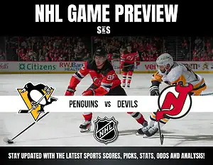 NHL Game Preview graphic featuring a matchup between the Penguins and Devils, with logos of both teams and text promoting updates on sports scores, picks, stats, odds, and analysis.