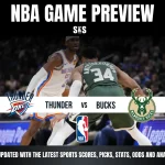 NBA game preview featuring the Oklahoma City Thunder vs. Milwaukee Bucks, with graphics highlighting team branding and key match details.