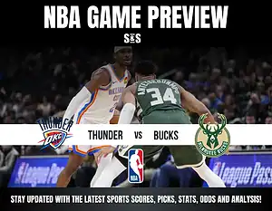 NBA game preview featuring the Oklahoma City Thunder vs. Milwaukee Bucks, with graphics highlighting team branding and key match details.