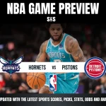 NBA game preview featuring the Charlotte Hornets vs. Detroit Pistons, with a player dribbling a basketball in a dynamic action shot.