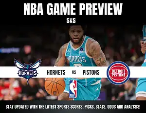 NBA game preview featuring the Charlotte Hornets vs. Detroit Pistons, with a player dribbling a basketball in a dynamic action shot.