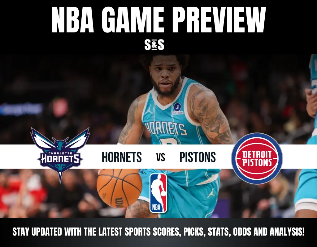 NBA game preview featuring the Charlotte Hornets vs. Detroit Pistons, with a player dribbling a basketball in a dynamic action shot.
