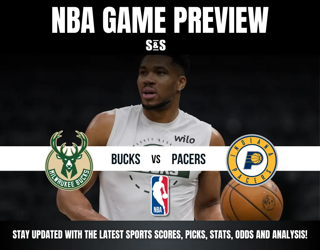 NBA game preview for the matchup between the Milwaukee Bucks and Indiana Pacers, featuring a player in action with a basketball.
