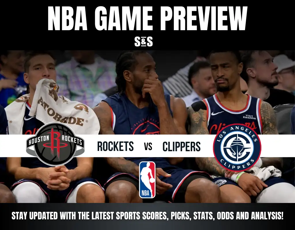 NBA game preview featuring players from the Houston Rockets and Los Angeles Clippers seated together, with team logos displayed prominently.