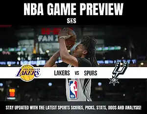 NBA Game Preview featuring the Los Angeles Lakers vs. San Antonio Spurs, with player in action shooting a basketball.