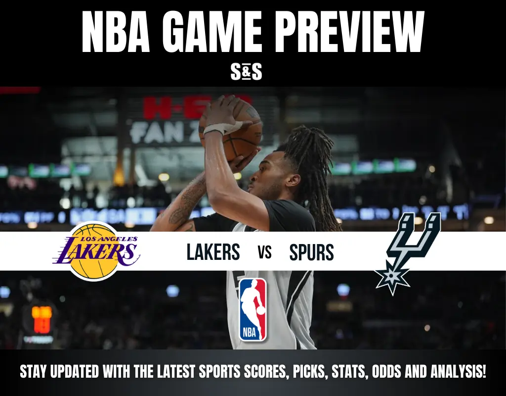 NBA Game Preview featuring the Los Angeles Lakers vs. San Antonio Spurs, with player in action shooting a basketball.