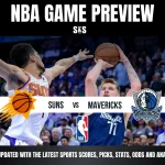 NBA game preview featuring the Suns vs. Mavericks, with action on the court and team logos displayed prominently above.