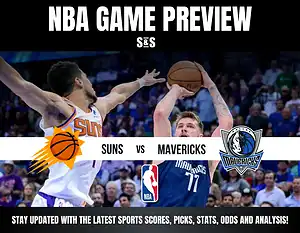 NBA game preview featuring the Suns vs. Mavericks, with action on the court and team logos displayed prominently above.