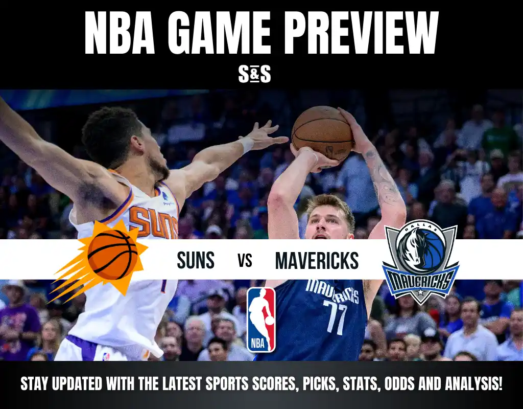 NBA game preview featuring the Suns vs. Mavericks, with action on the court and team logos displayed prominently above.