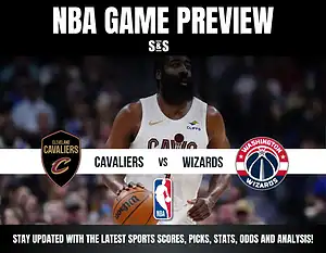 NBA game preview featuring the Cleveland Cavaliers versus the Washington Wizards, highlighting player action and team logos.