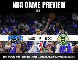 NBA game preview featuring the Orlando Magic vs. Milwaukee Bucks, with players in action and fans in the background.