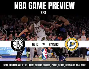 NBA game preview featuring the Brooklyn Nets vs. Indiana Pacers, with action in a lively basketball arena.