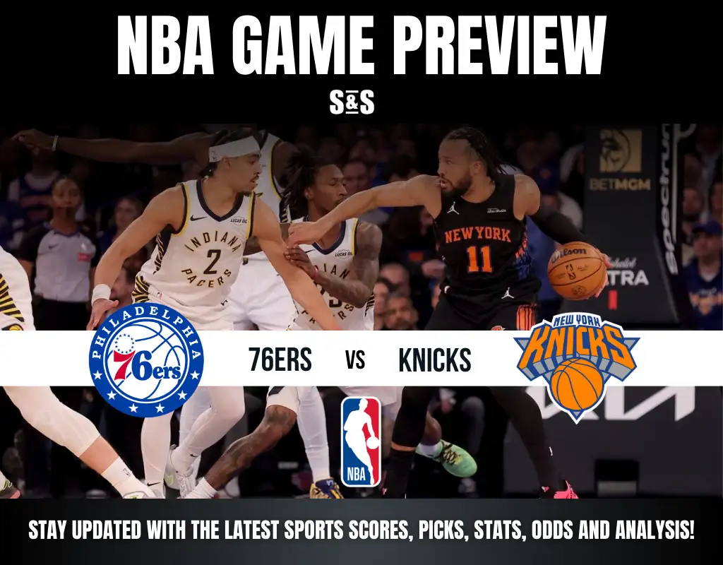 NBA game preview featuring the 76ers vs. Knicks, with players in action and team logos prominently displayed.