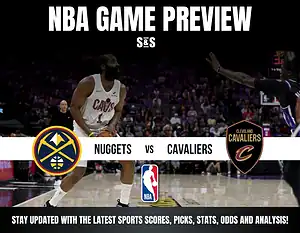 NBA game preview graphic featuring the Nuggets vs. Cavaliers matchup. Captures players on the court with team logos displayed prominently.