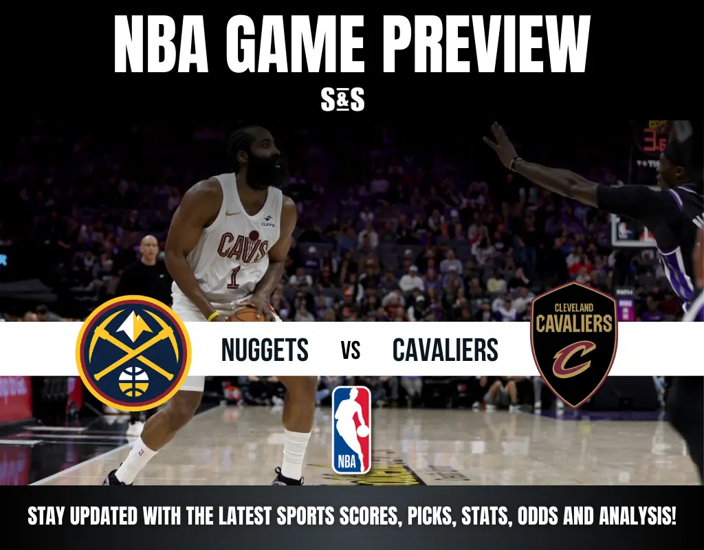 NBA game preview graphic featuring the Nuggets vs. Cavaliers matchup. Captures players on the court with team logos displayed prominently.