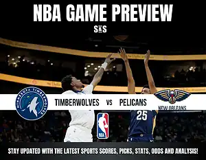 NBA game preview graphic featuring a matchup between the Minnesota Timberwolves and New Orleans Pelicans, with players in action.