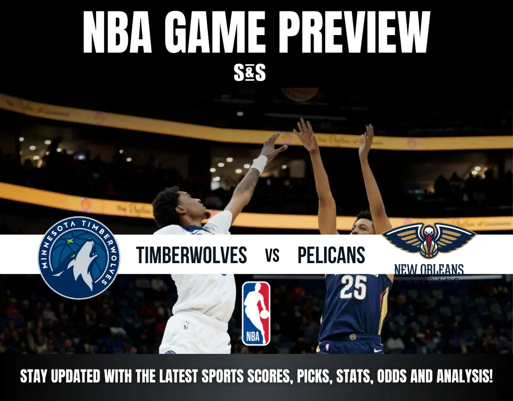 NBA game preview graphic featuring a matchup between the Minnesota Timberwolves and New Orleans Pelicans, with players in action.