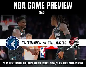 NBA game preview featuring Timberwolves vs. Trail Blazers with team logos and promotional text for sports updates.