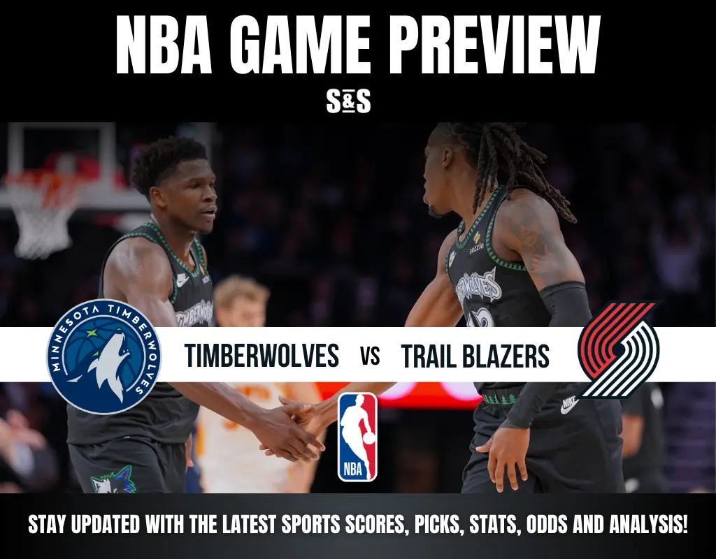 NBA game preview featuring Timberwolves vs. Trail Blazers with team logos and promotional text for sports updates.
