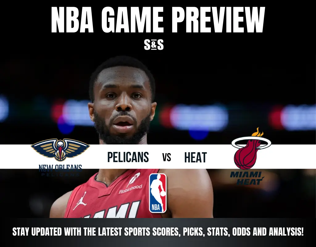 NBA game preview featuring the New Orleans Pelicans vs. Miami Heat, with logos and a call to stay updated on sports insights.
