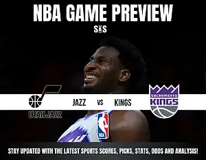 NBA Game Preview for Utah Jazz vs. Sacramento Kings, featuring team logos and game details at the bottom.