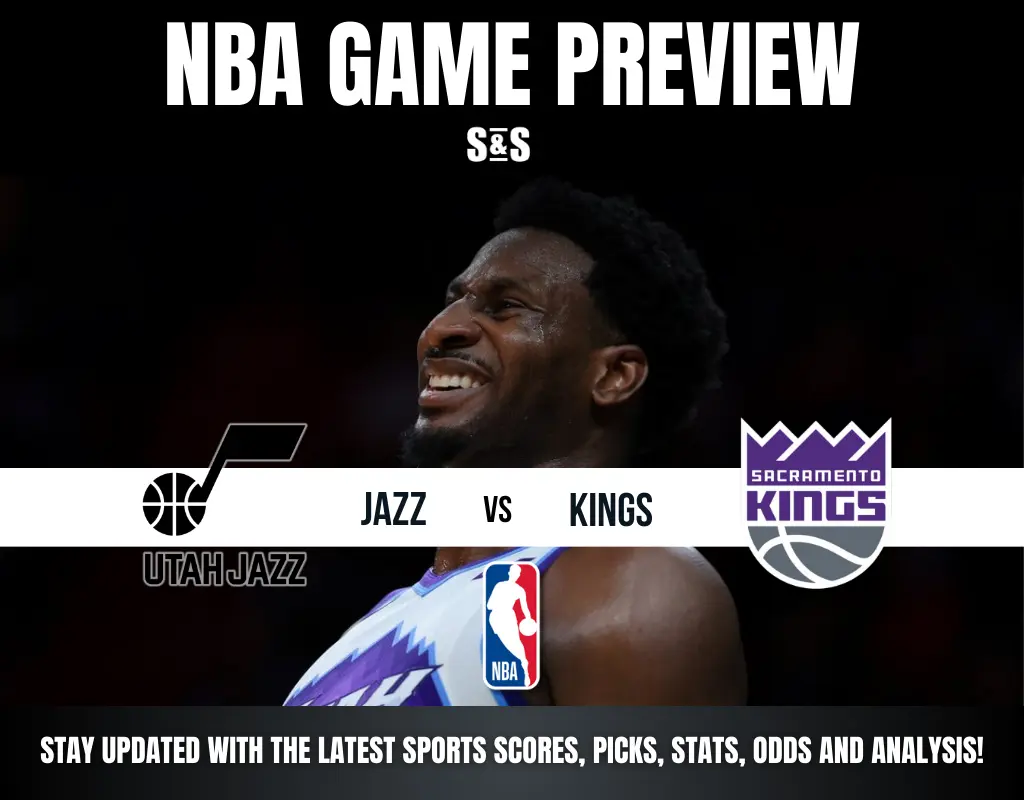 NBA Game Preview for Utah Jazz vs. Sacramento Kings, featuring team logos and game details at the bottom.