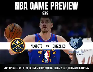 NBA game preview featuring the Nuggets vs. Grizzlies, with team logos and call to stay updated on scores and stats.