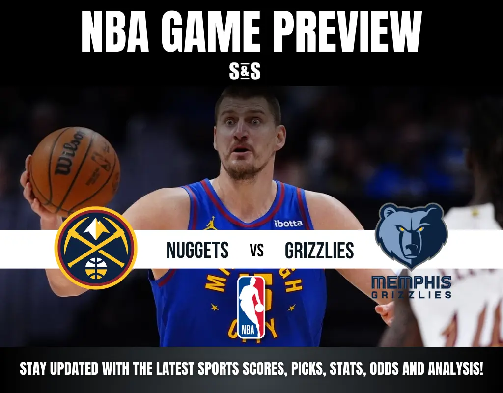 NBA game preview featuring the Nuggets vs. Grizzlies, with team logos and call to stay updated on scores and stats.