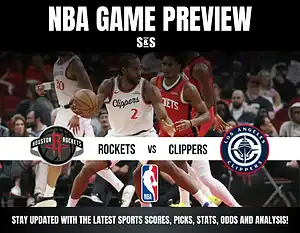 NBA game preview featuring the Houston Rockets vs. Los Angeles Clippers, showcasing players in action with team logos and analytics callouts.