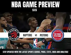 NBA game preview featuring the Toronto Raptors and Detroit Pistons, highlighting players in action and team logos.