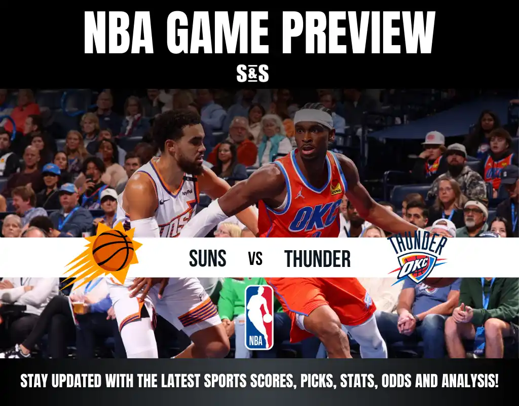 NBA game preview featuring players from the Suns and Thunder, illustrating a competitive moment on the court.