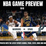NBA game preview featuring Golden State Warriors vs. San Antonio Spurs, with players in action on the court.