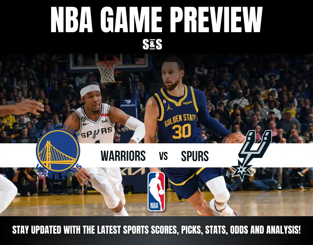 NBA game preview featuring Golden State Warriors vs. San Antonio Spurs, with players in action on the court.