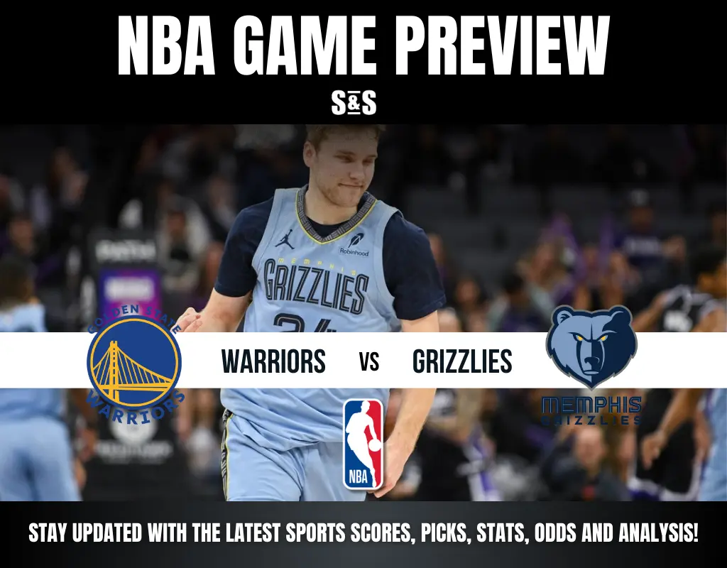 NBA Game Preview featuring Golden State Warriors vs. Memphis Grizzlies, with a player in Grizzlies gear in action. Stay updated with stats!
