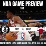 NBA Game Preview for Nets vs. Bulls, featuring dynamic player action and logos of both teams, emphasizing the upcoming match.