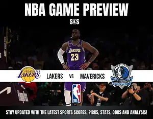 NBA Game Preview: Los Angeles Lakers vs. Dallas Mavericks. A player in Lakers uniform stands on the court, ready for action.