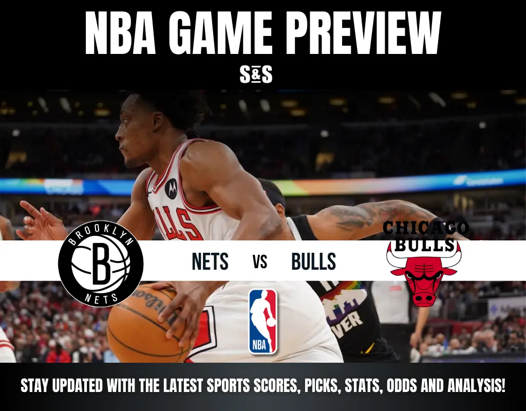 NBA Game Preview for Nets vs. Bulls, featuring dynamic player action and logos of both teams, emphasizing the upcoming match.