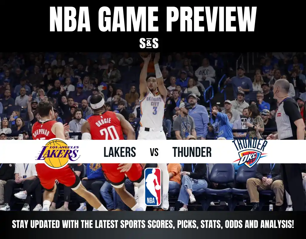 NBA Game Preview: Lakers vs. Thunder, featuring players in action and enthusiastic fans in a basketball arena. Stay updated!