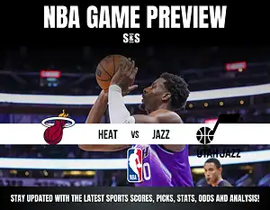 NBA Game Preview: Miami Heat vs. Utah Jazz, featuring player shooting action and team logos. Stay updated on scores and analysis.