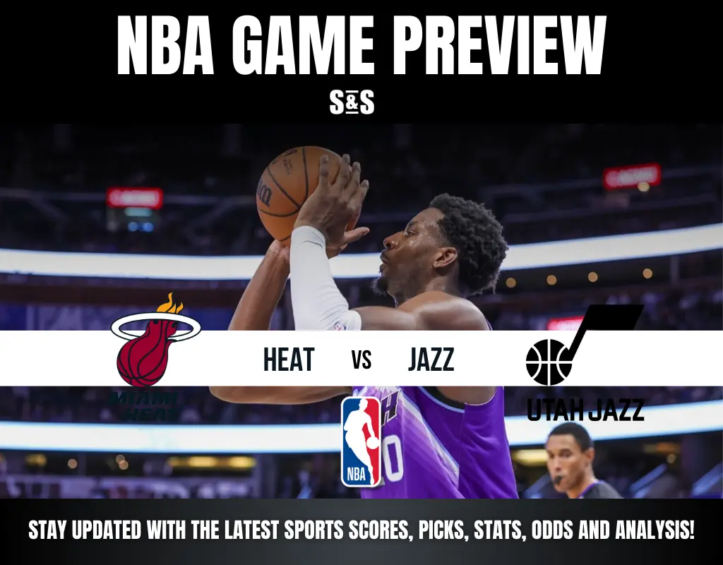 NBA Game Preview: Miami Heat vs. Utah Jazz, featuring player shooting action and team logos. Stay updated on scores and analysis.