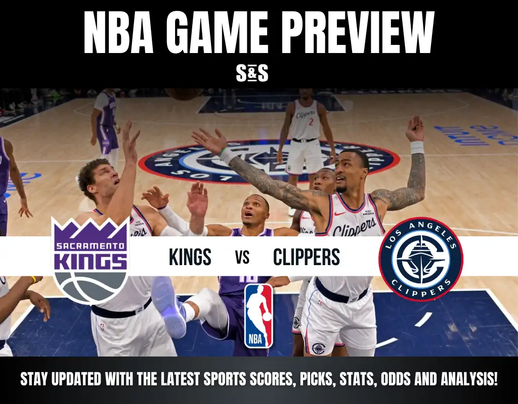 NBA game preview featuring Sacramento Kings vs. Los Angeles Clippers, showcasing players in action on the court.