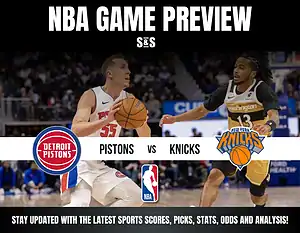 NBA Game Preview featuring the Detroit Pistons vs. New York Knicks, with highlights of player action and team logos.