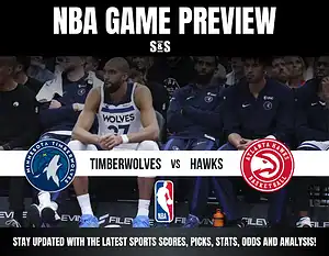 NBA game preview featuring the Minnesota Timberwolves vs. Atlanta Hawks, with players seated on the bench.